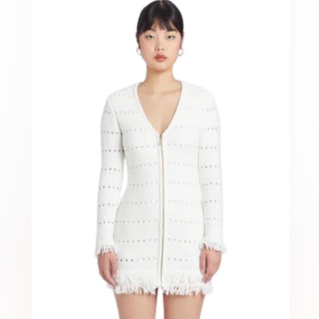Amanda Uprichard Murphy Knit Mini Ivory Zip Front Dress With Fringe Size Medium